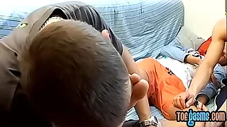 Young homo has his feet and hard unearth sucked by twosome gays